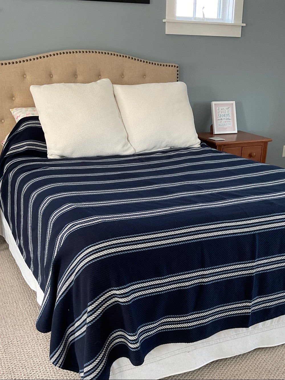 L.L. Bean Navy and White Striped Cotton Blanket